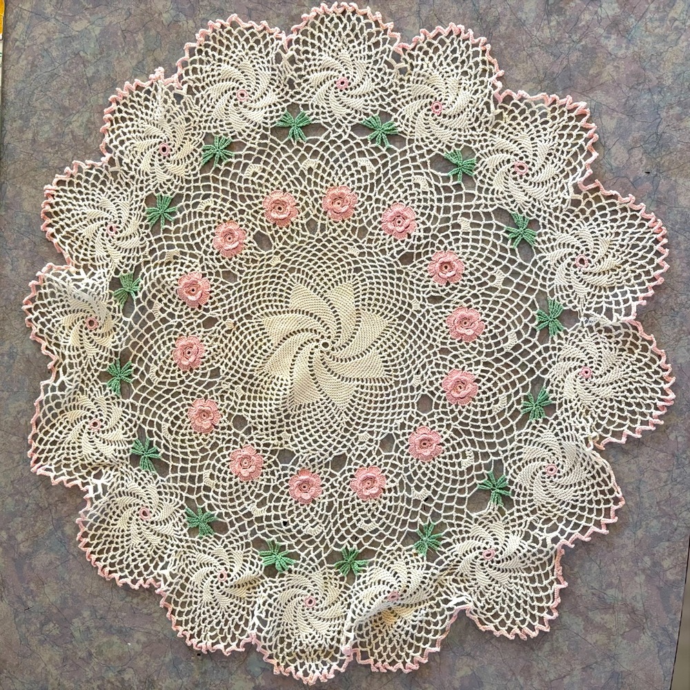 70's XL 3D Rosette Doilie - Pink and Green Doily - 70's Needlework - Granny Chic
